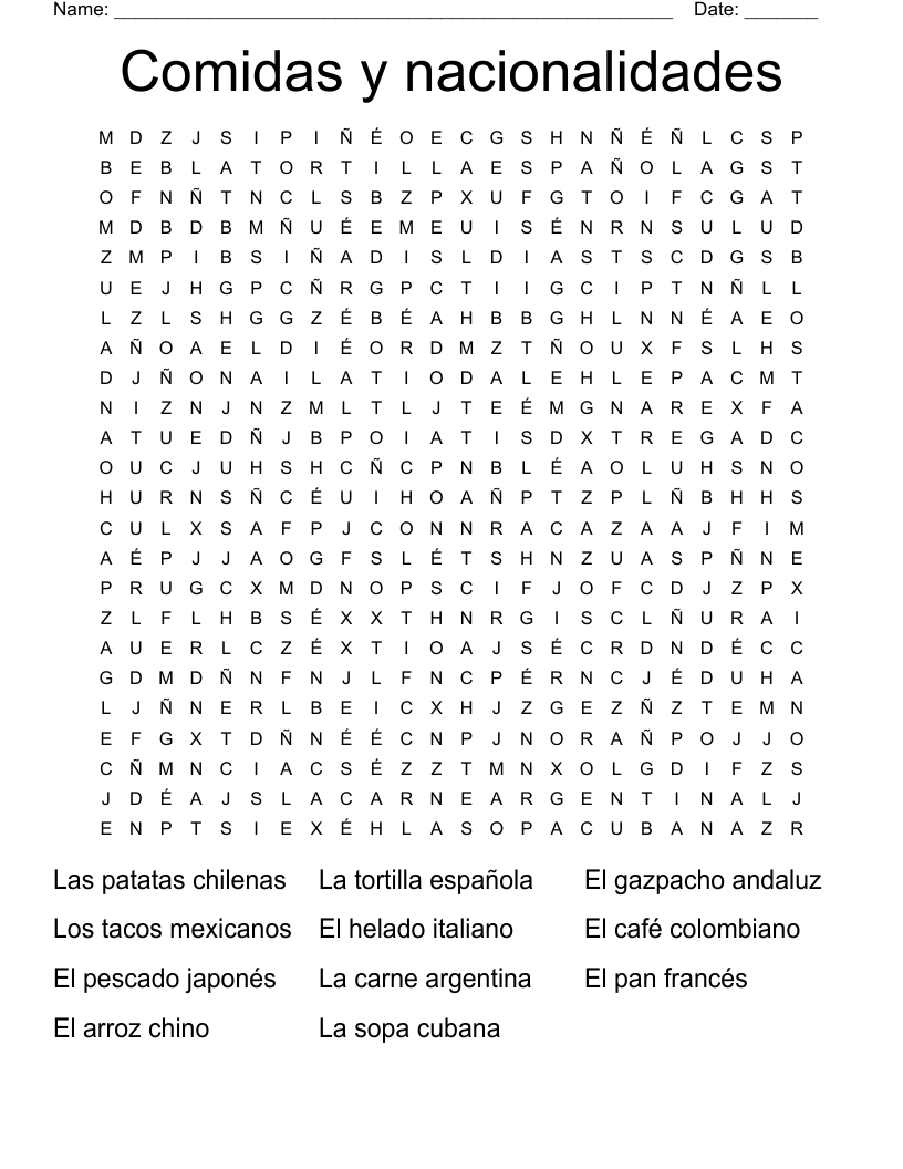 Comidas y nacionalidades  Word Search