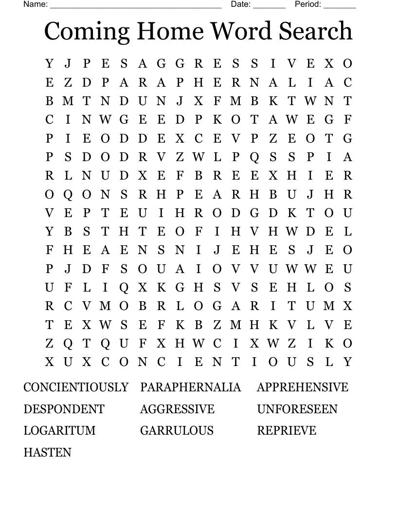 Coming Home Word Search 