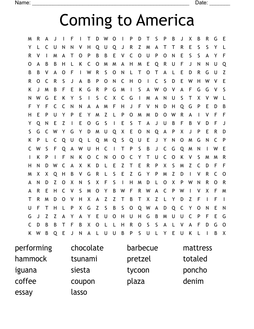 Coming to America Word Search