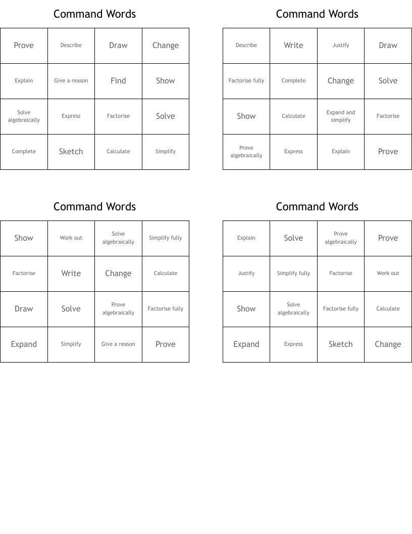 Command Words Bingo Cards