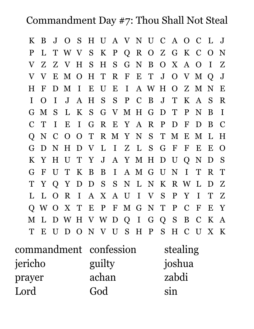 Commandment Day #7: Thou Shall Not Steal Word Search
