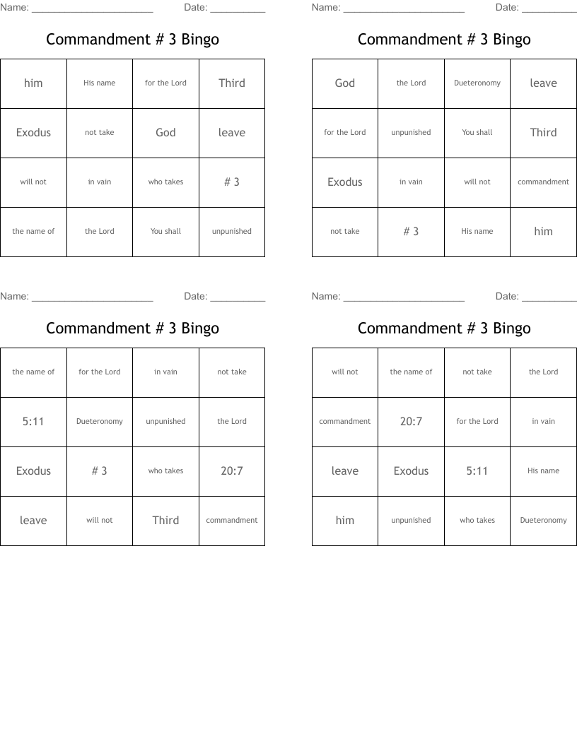 Commandment # 3 Bingo