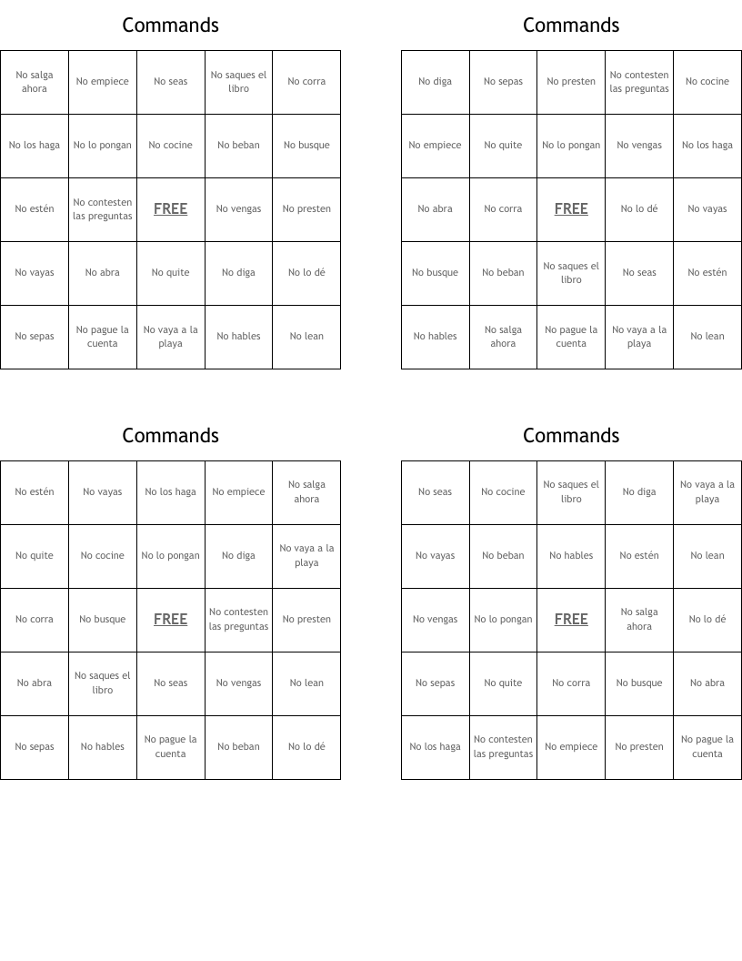 Commands Bingo Cards