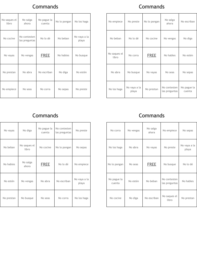 Commands Bingo Cards