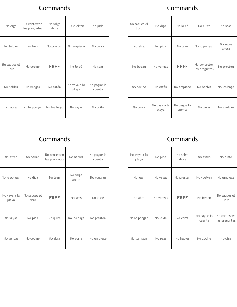 Commands Bingo Cards