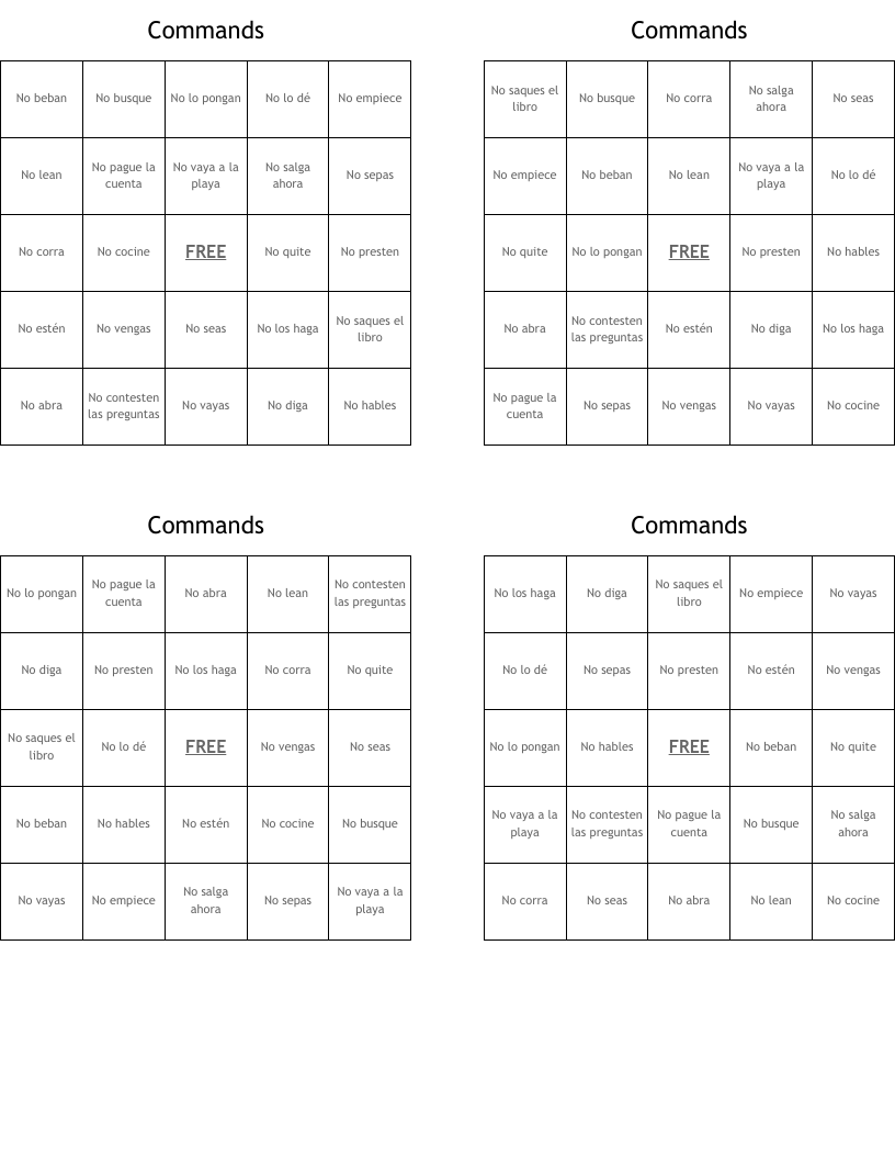 Commands  Bingo Cards