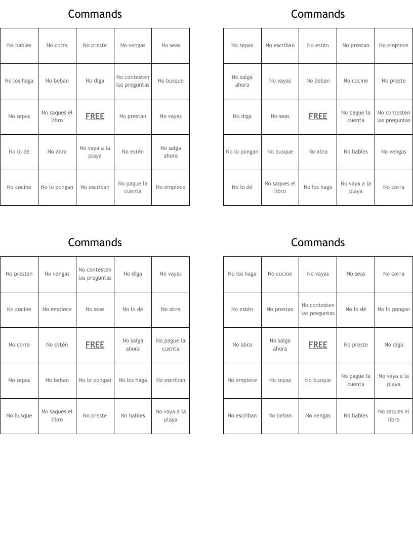 Commands  Bingo Cards