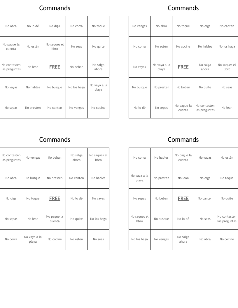 Commands  Bingo Cards