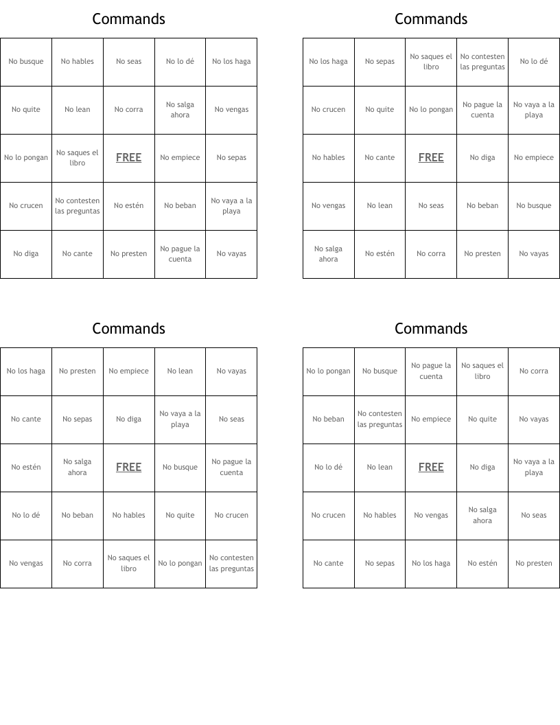 Commands  Bingo Cards