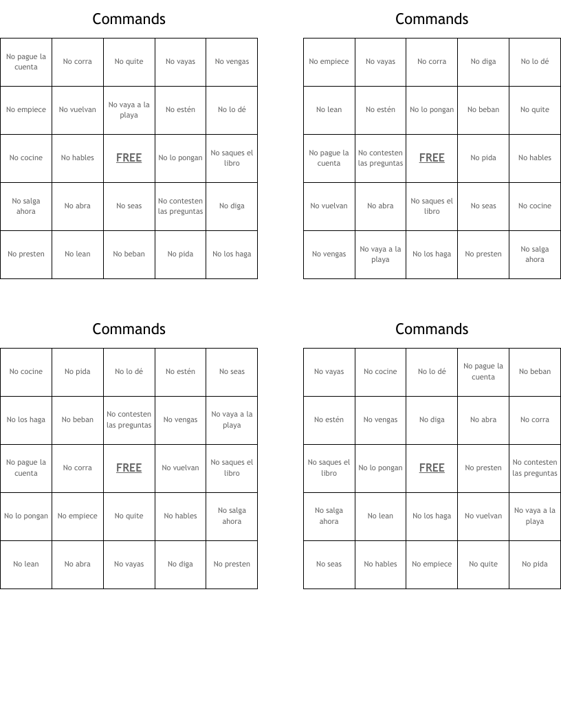 Commands  Bingo Cards