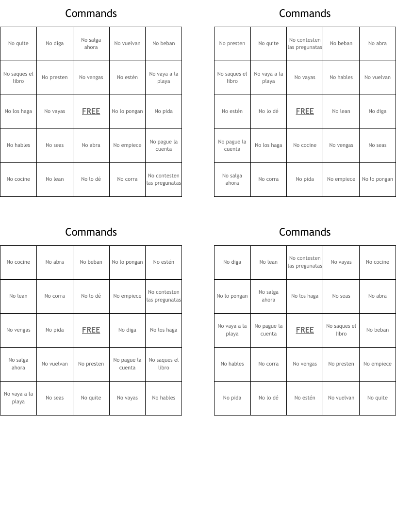 Commands  Bingo Cards