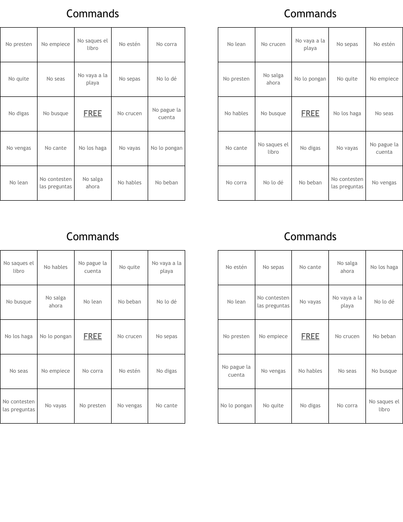 Commands  Bingo Cards