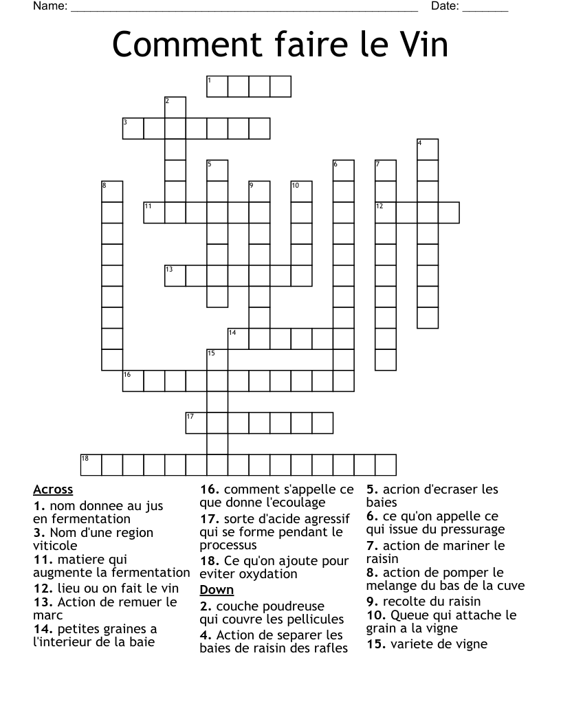 Comment faire le Vin Crossword