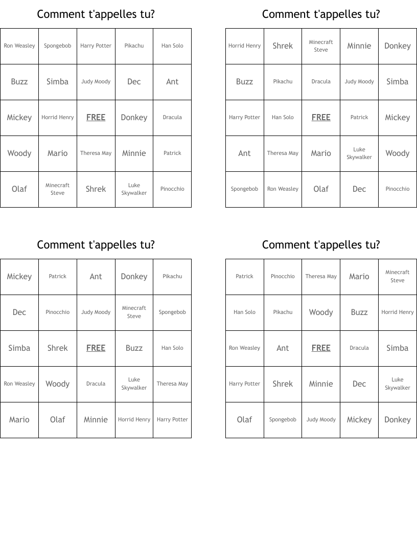 Comment t'appelles tu? Bingo Cards