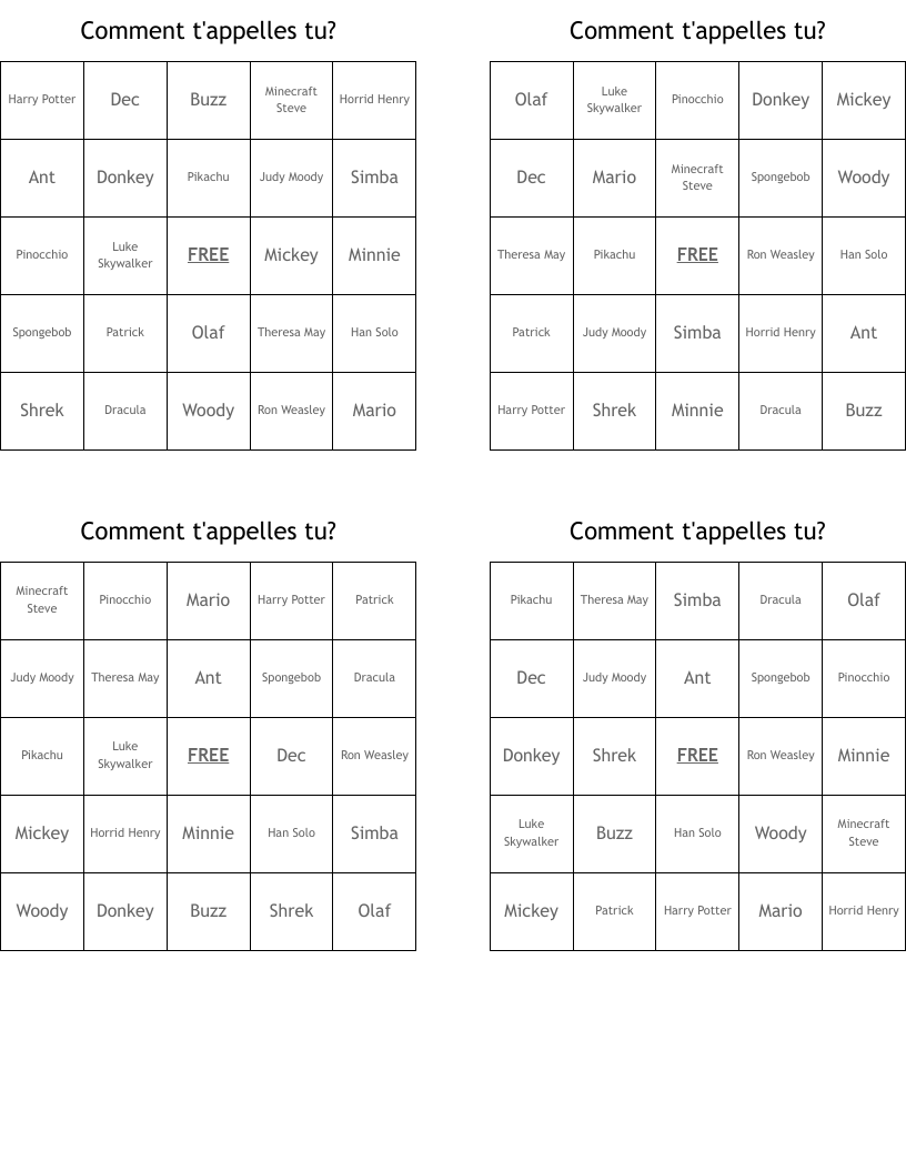 Comment t'appelles tu? Bingo Cards