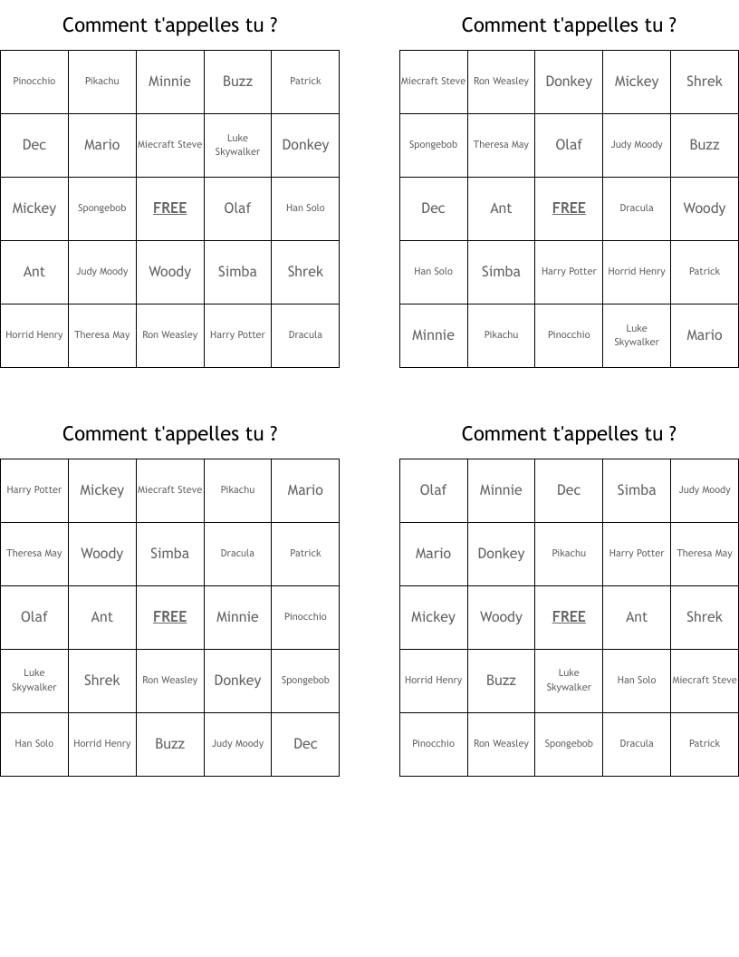 Comment t'appelles tu ? Bingo Cards