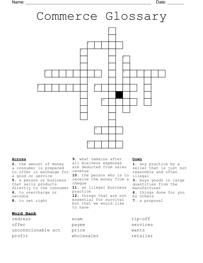 Commerce Glossary Crossword