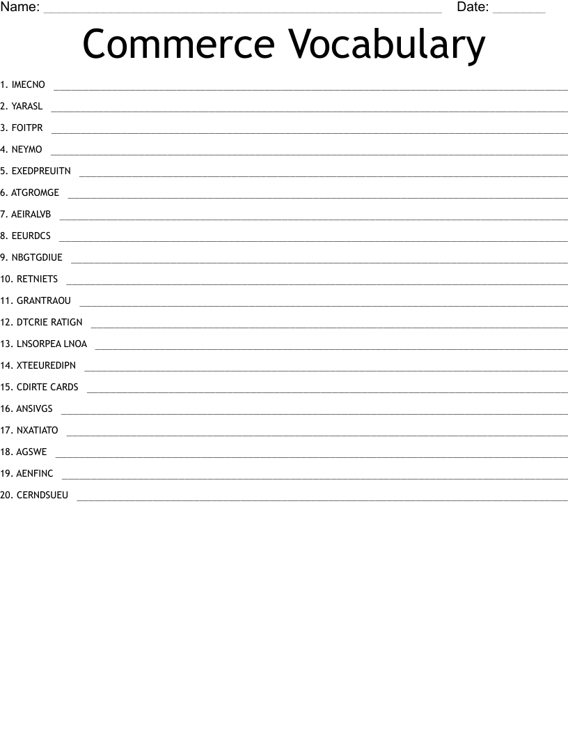 Commerce Vocabulary Word Scramble
