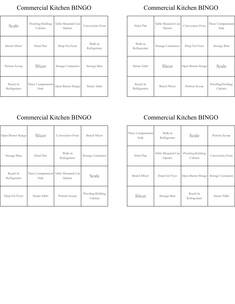 Commercial Kitchen BINGO 