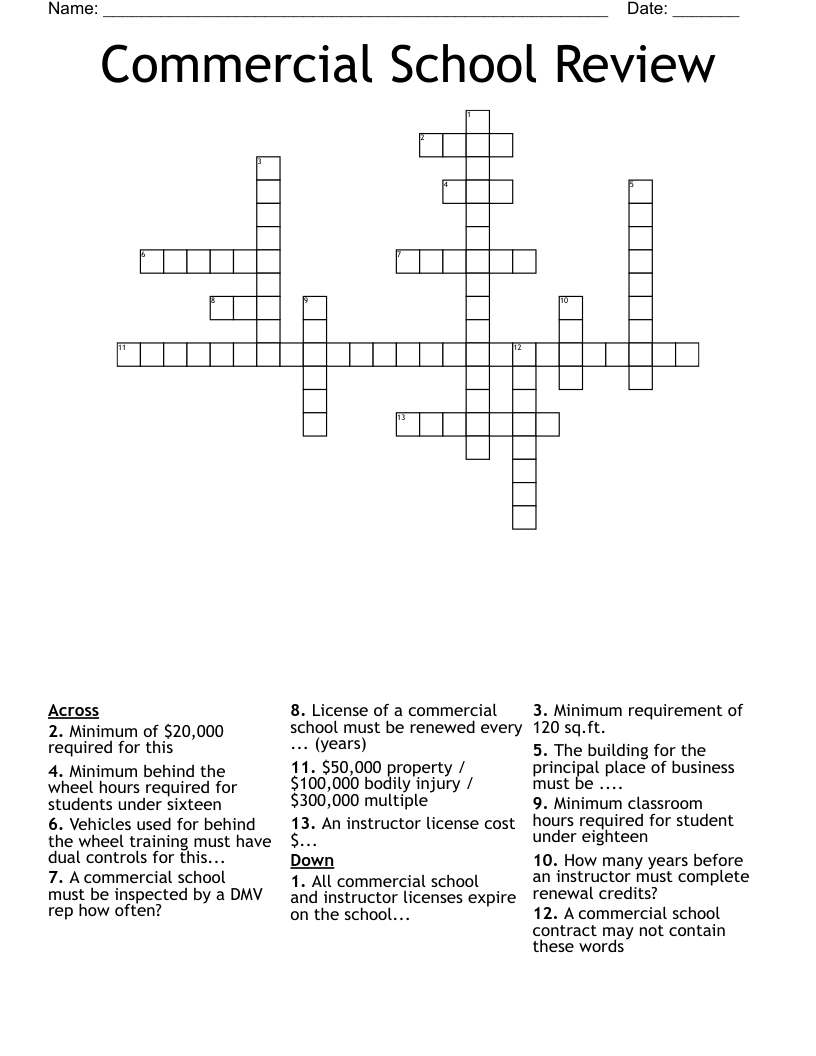 Commercial School Review Crossword