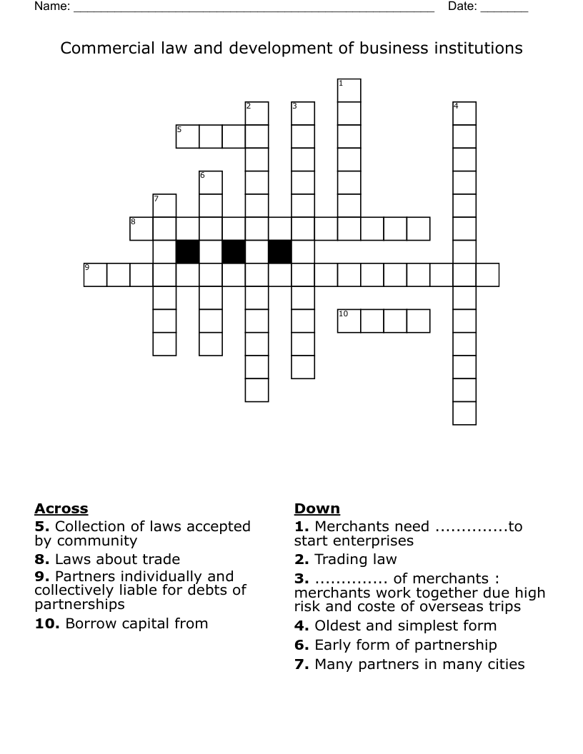Commercial law and development of business institutions Crossword