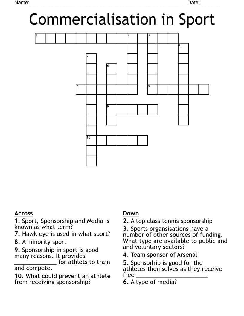 Commercialisation in Sport Crossword