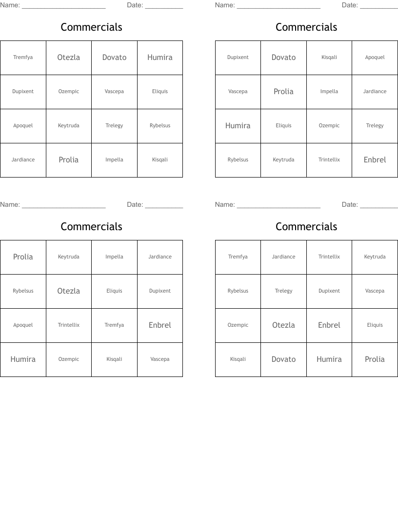 Commercials Bingo Cards