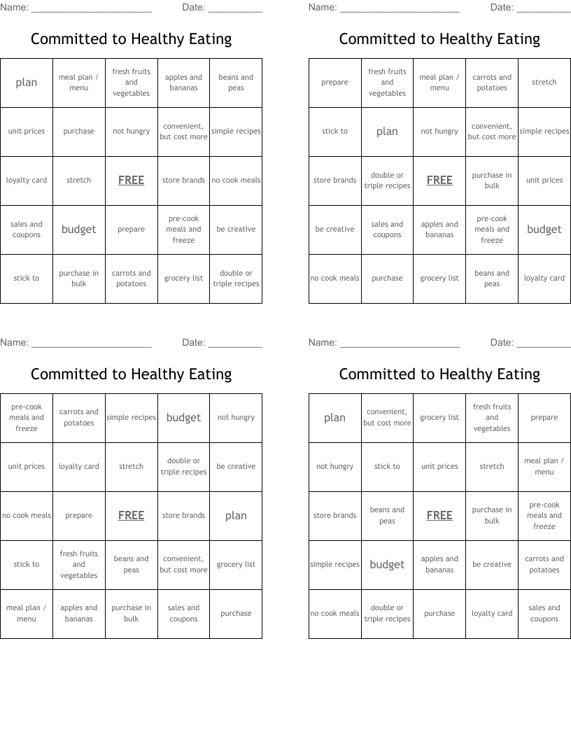Committed to Healthy Eating  Bingo Cards