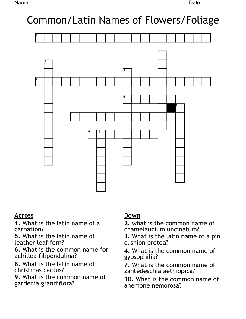 Common/Latin Names of Flowers/Foliage  Crossword