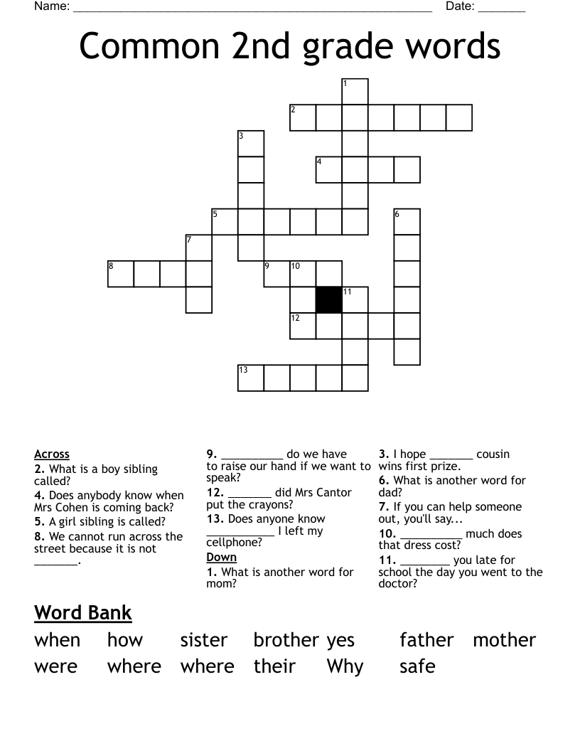 Common 2nd grade words Crossword