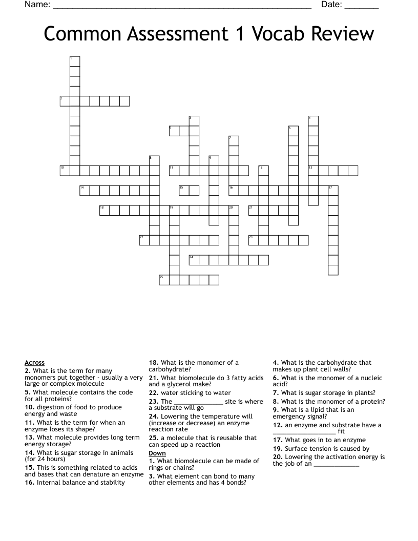 Common Assessment 1 Vocab Review Crossword