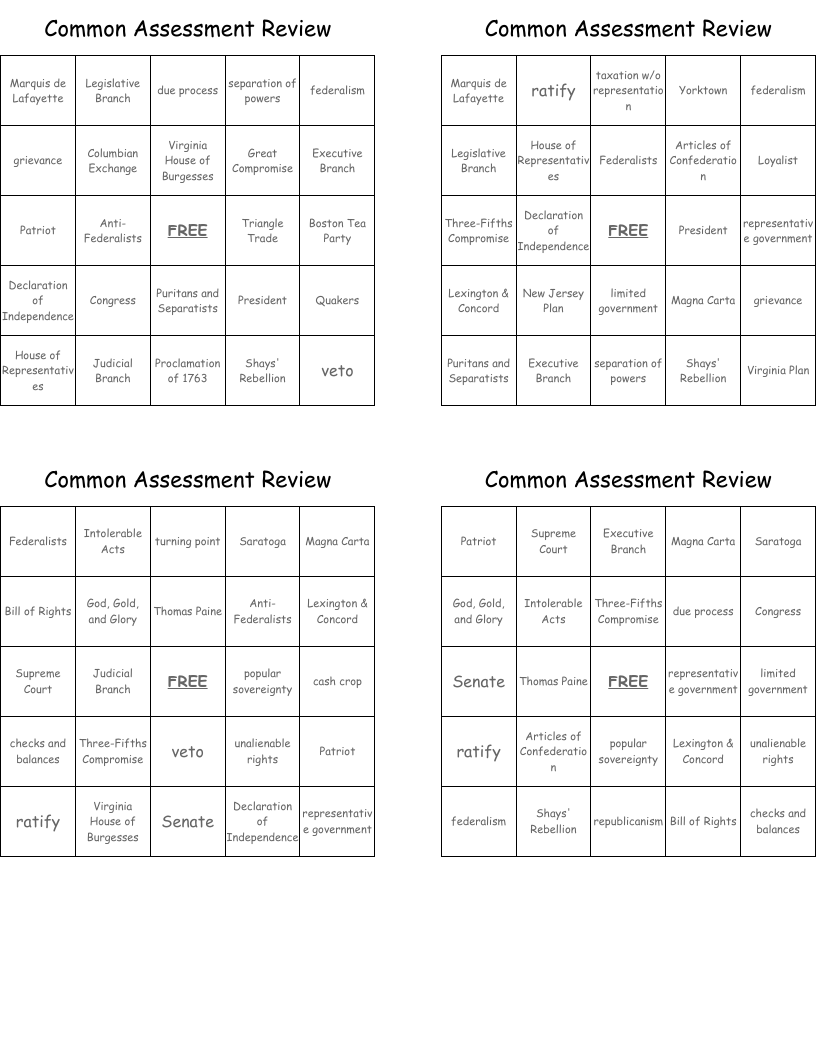 Common Assessment Review Bingo Cards