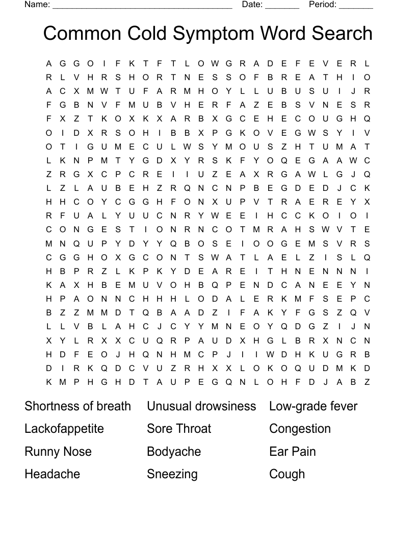 Common Cold Symptom Word Search