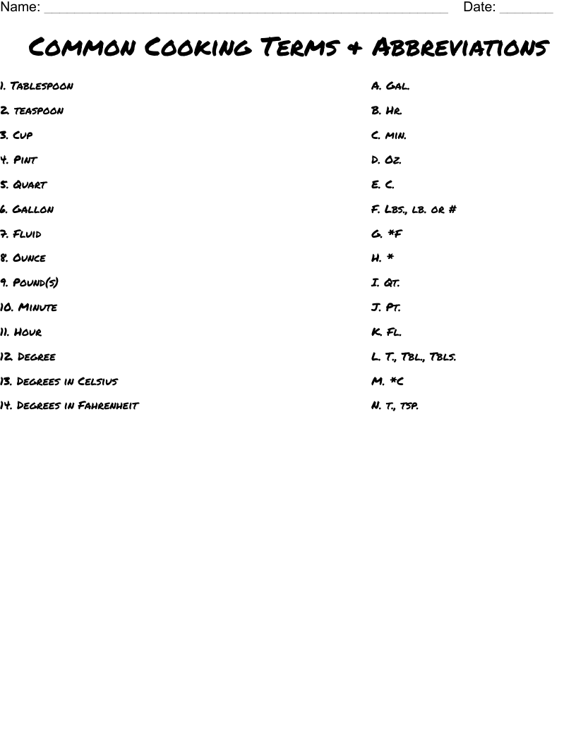Common Cooking Terms & Abbreviations Worksheet