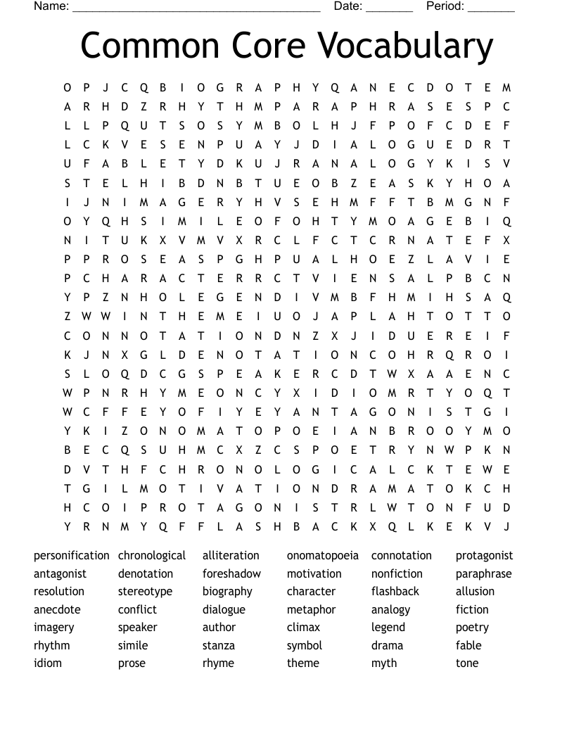 Common Core Vocabulary Word Search