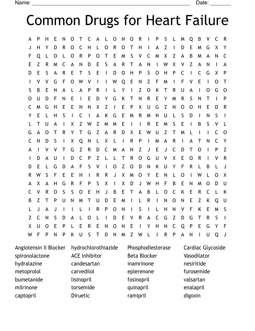 Common Drugs for Heart Failure Word Search