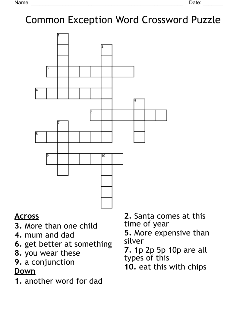 Common Exception Word Crossword Puzzle