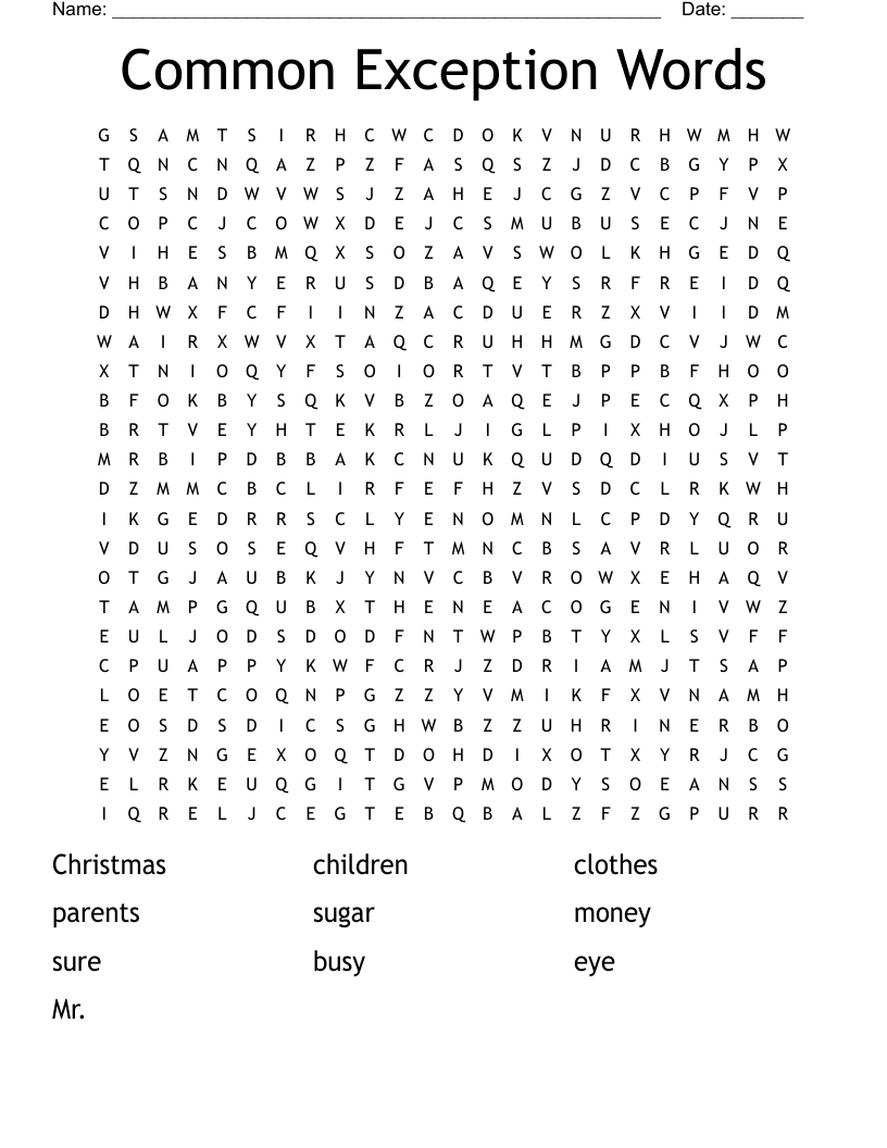 Common Exception Words Word Search