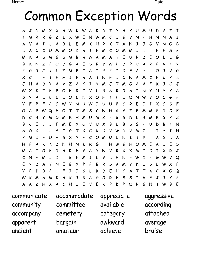 Common Exception Words Word Search