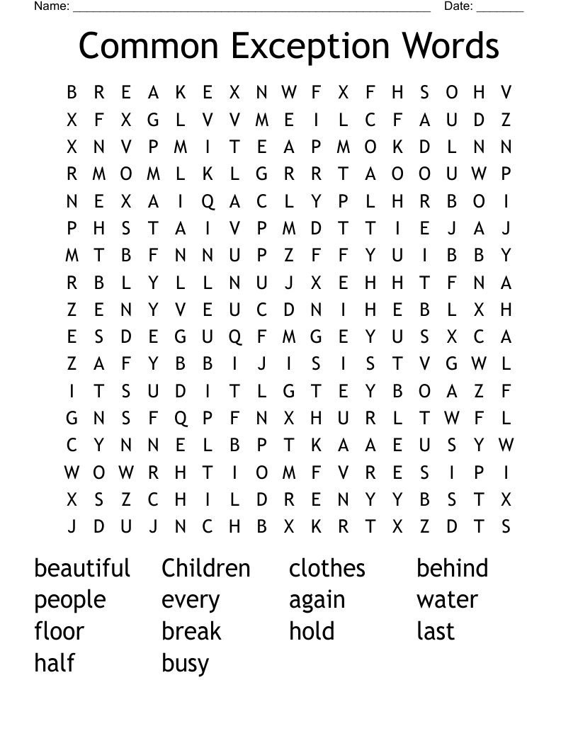 Common Exception Words Word Search
