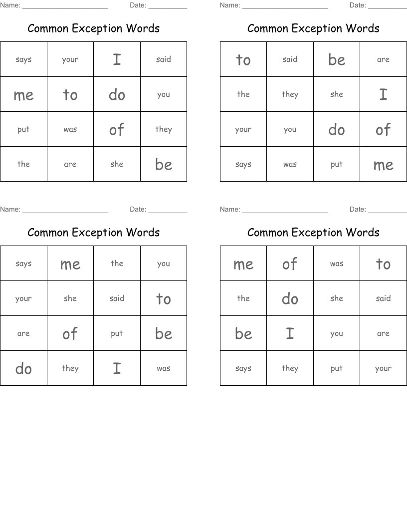 Common Exception Words Bingo Cards