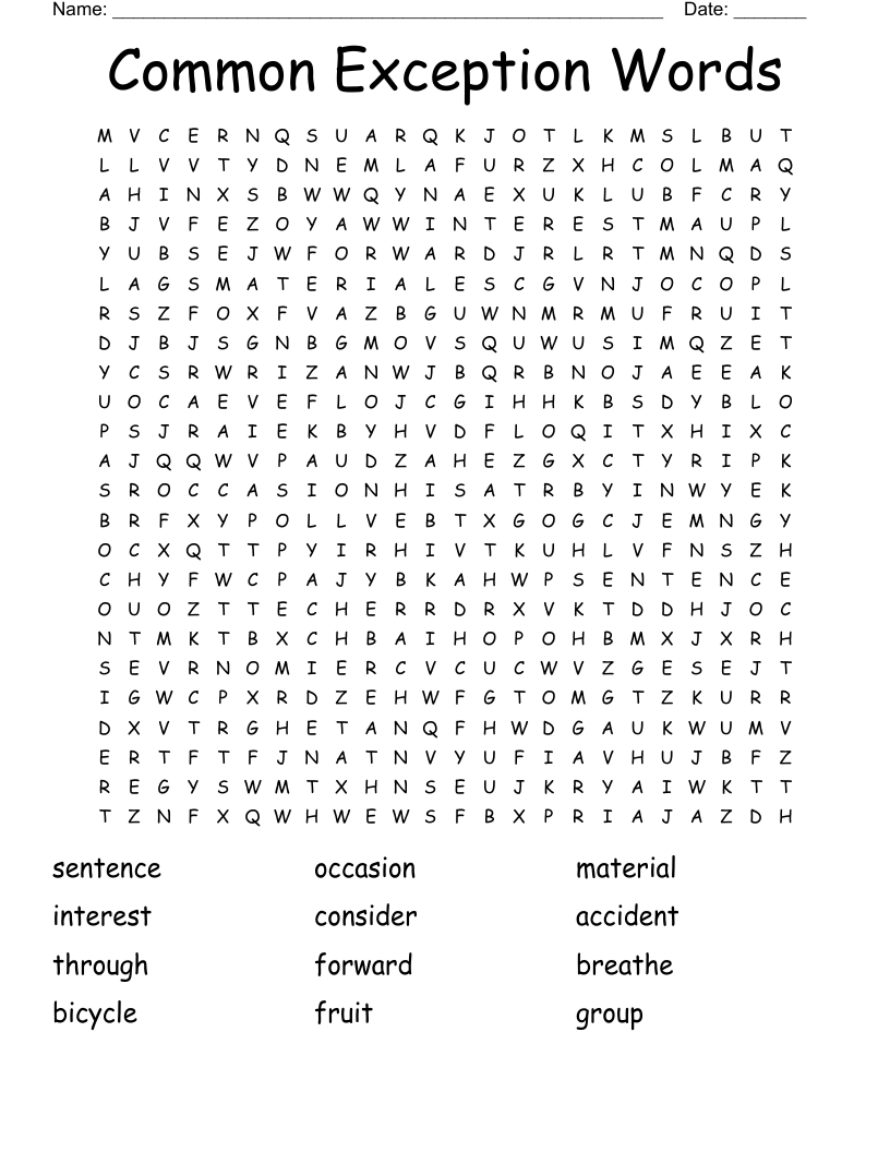 Common Exception Words Word Search