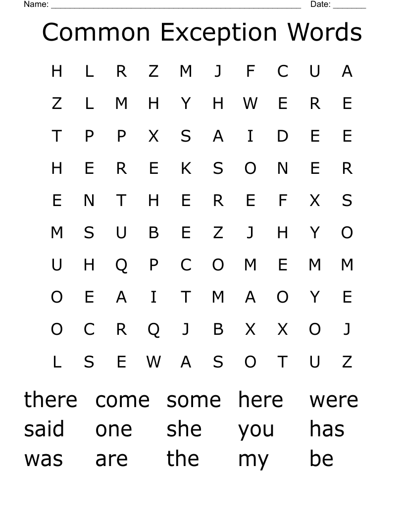 Common Exception Words Word Search