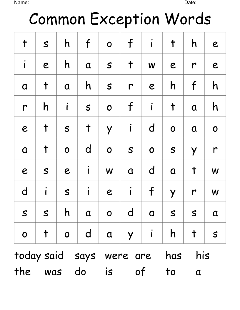 Common Exception Words Word Search
