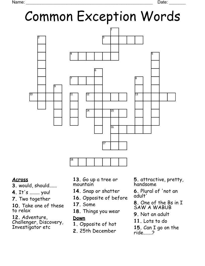 Common Exception Words Crossword