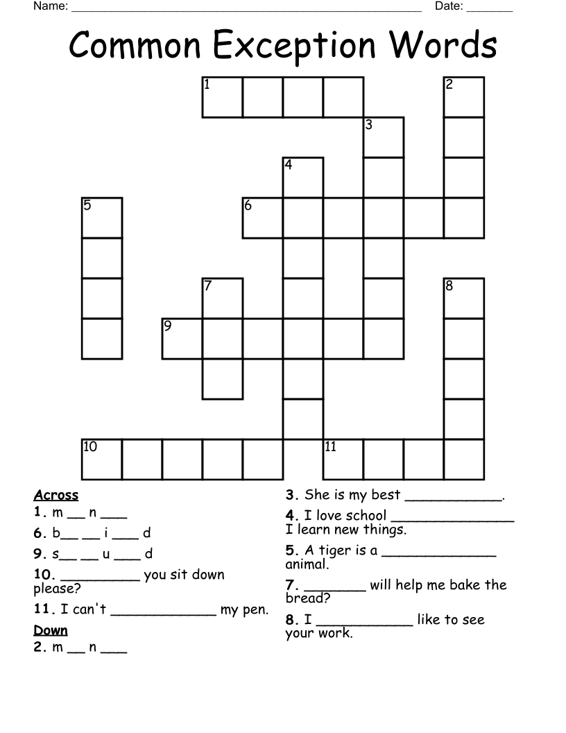Common Exception Words Crossword