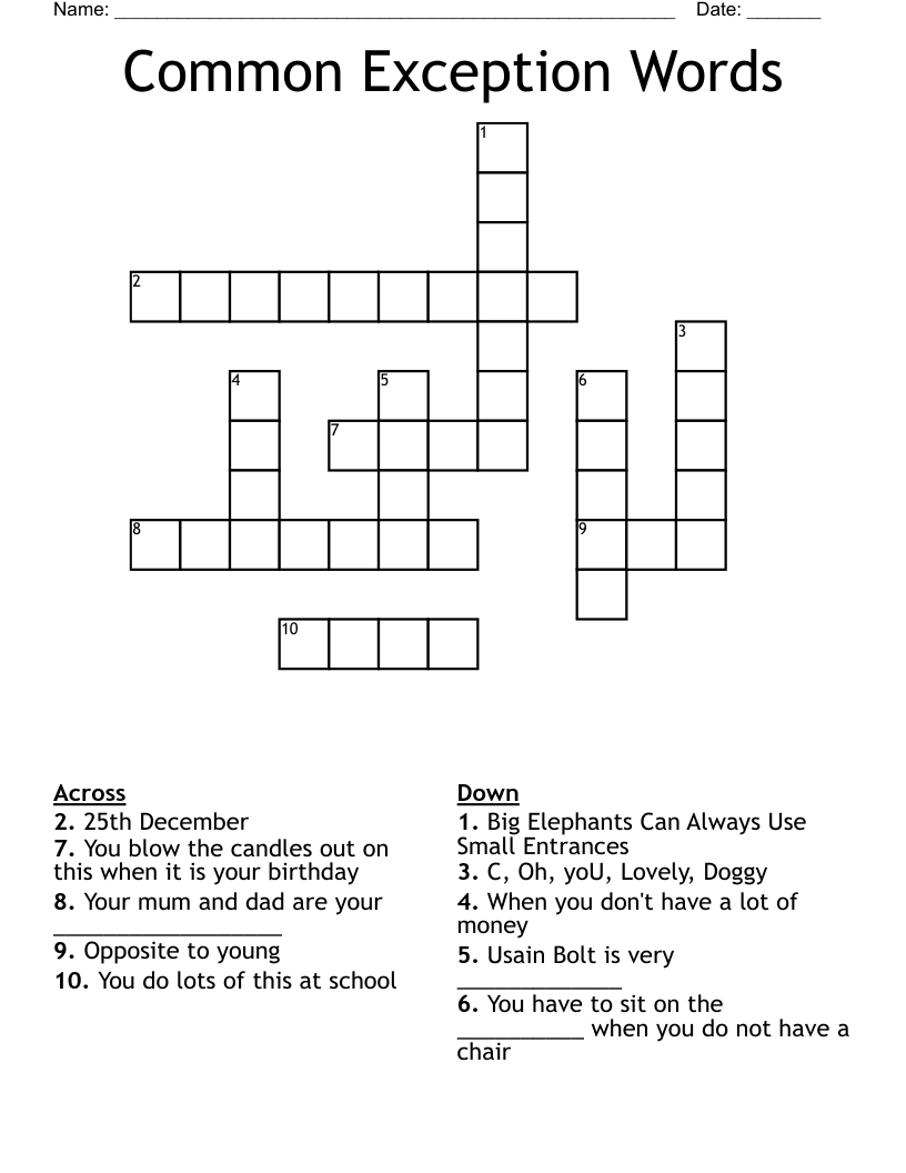 Common Exception Words Crossword