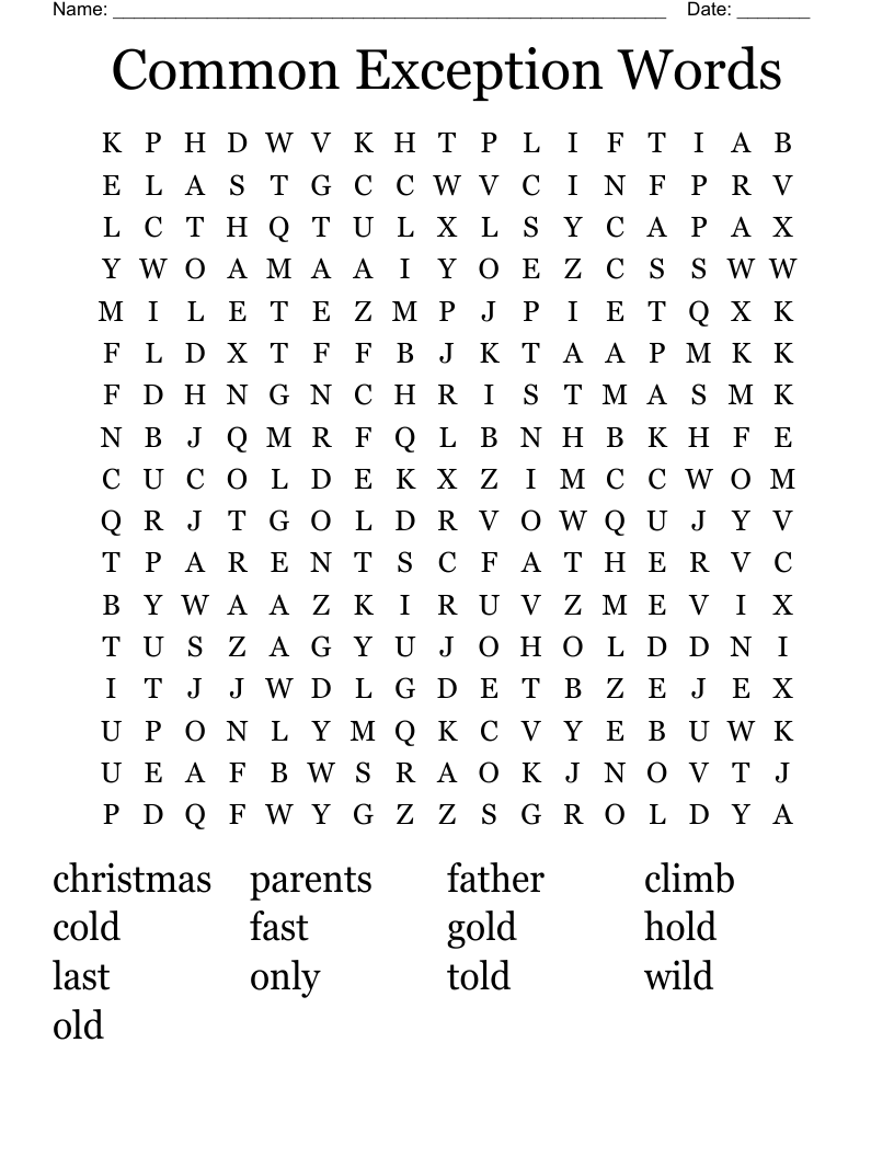 Common Exception Words Word Search