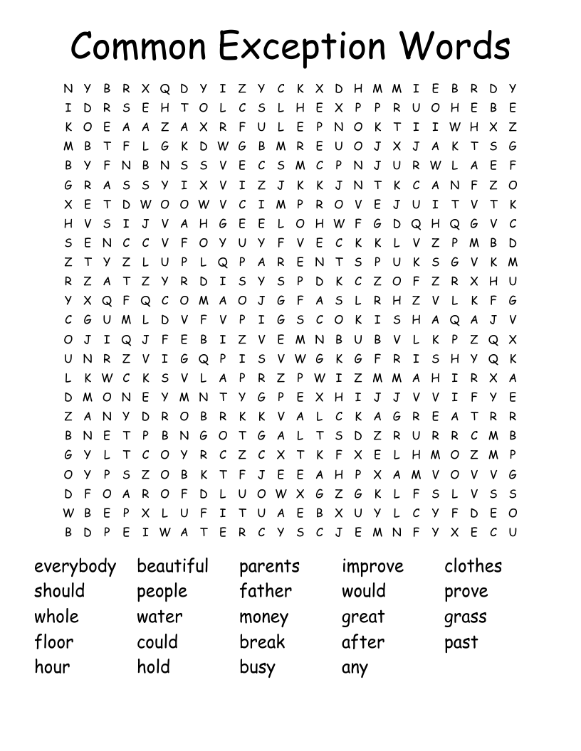 Common Exception Words Word Search