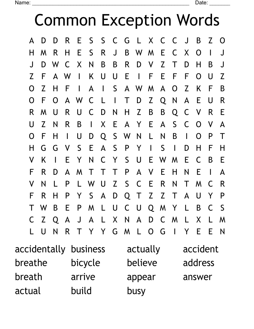 Common Exception Words Word Search